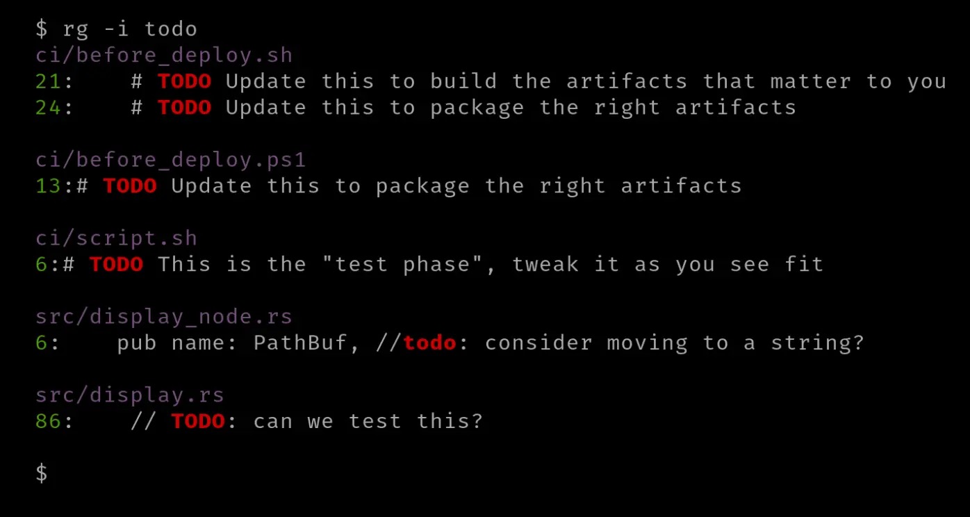 ripgrep output in a terminal showing highlighted search matches across project files.
